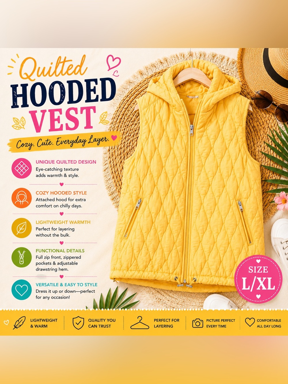 Quilted Hooded Vest - Yellow